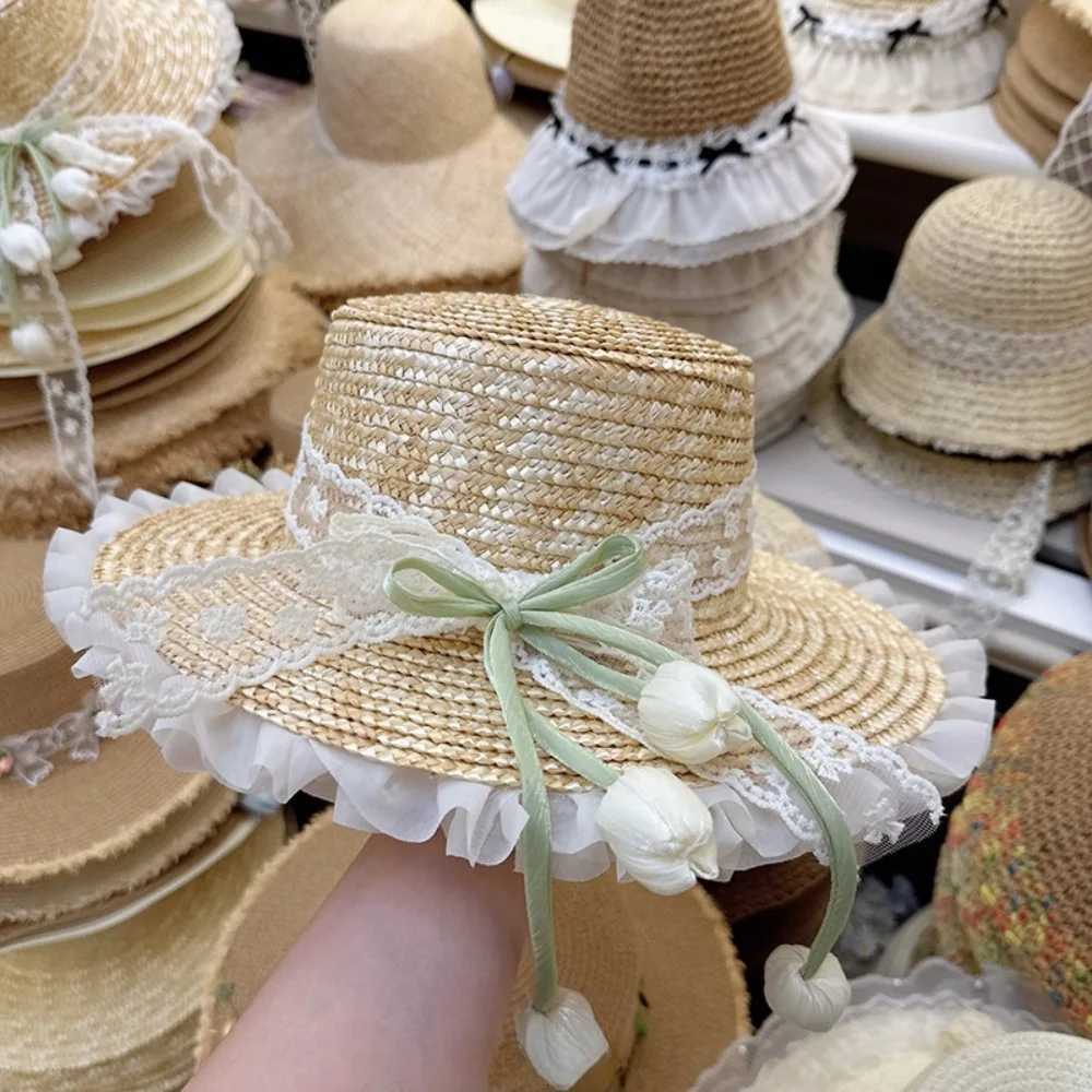 Lightweight Sunscreen Lace Bow Straw Hat Flower Wide Brim Outing in Spring Tulip Hat Boho Weave Summer Beach Sun Hat Outdoor H260317 - view 4