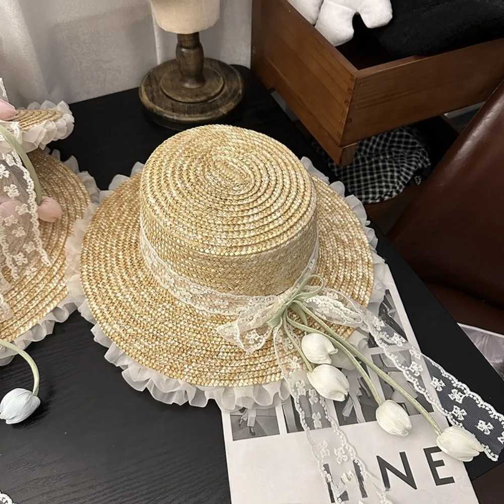 Lightweight Sunscreen Lace Bow Straw Hat Flower Wide Brim Outing in Spring Tulip Hat Boho Weave Summer Beach Sun Hat Outdoor H260317 - view 3