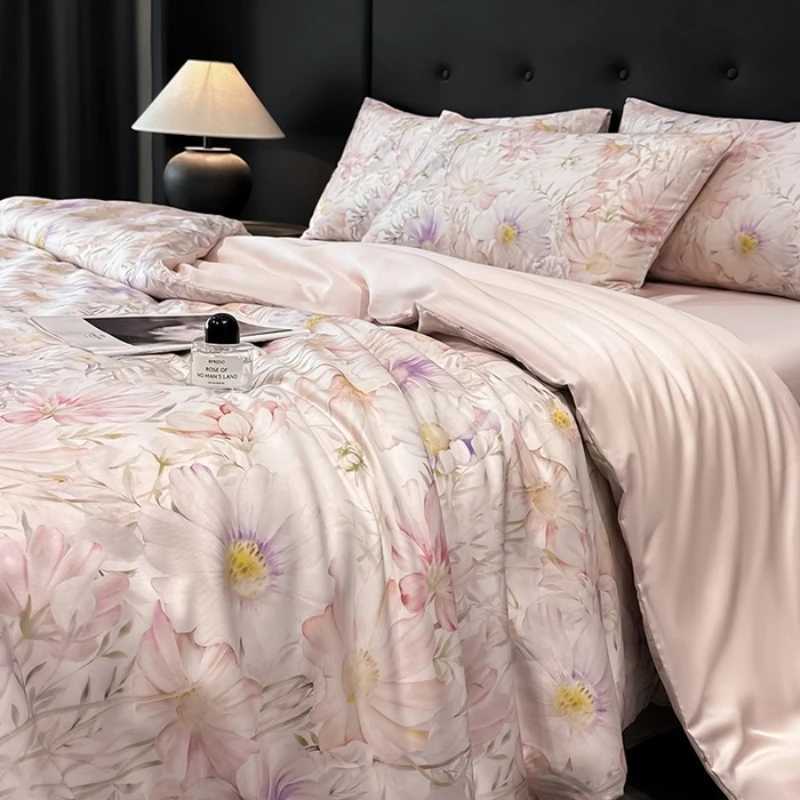 Luxury Organic Bamboo Silky Bedding Set Vintage Flat Bed Sheets Duvet Cover Pillowcases Rural Style Queen King Size Bed Linens D260317