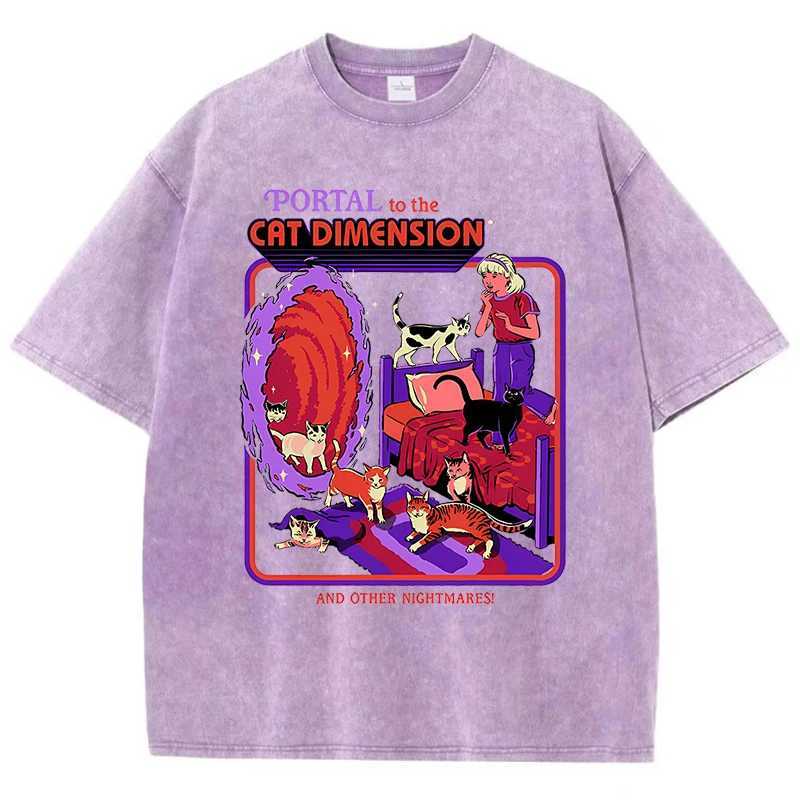 Portal To The Cat Dimension Washed Retro Men Clothes Fashion Summer T-Shirts Streetwear Cotton Loose Tops Breathable Tee Couple M260317