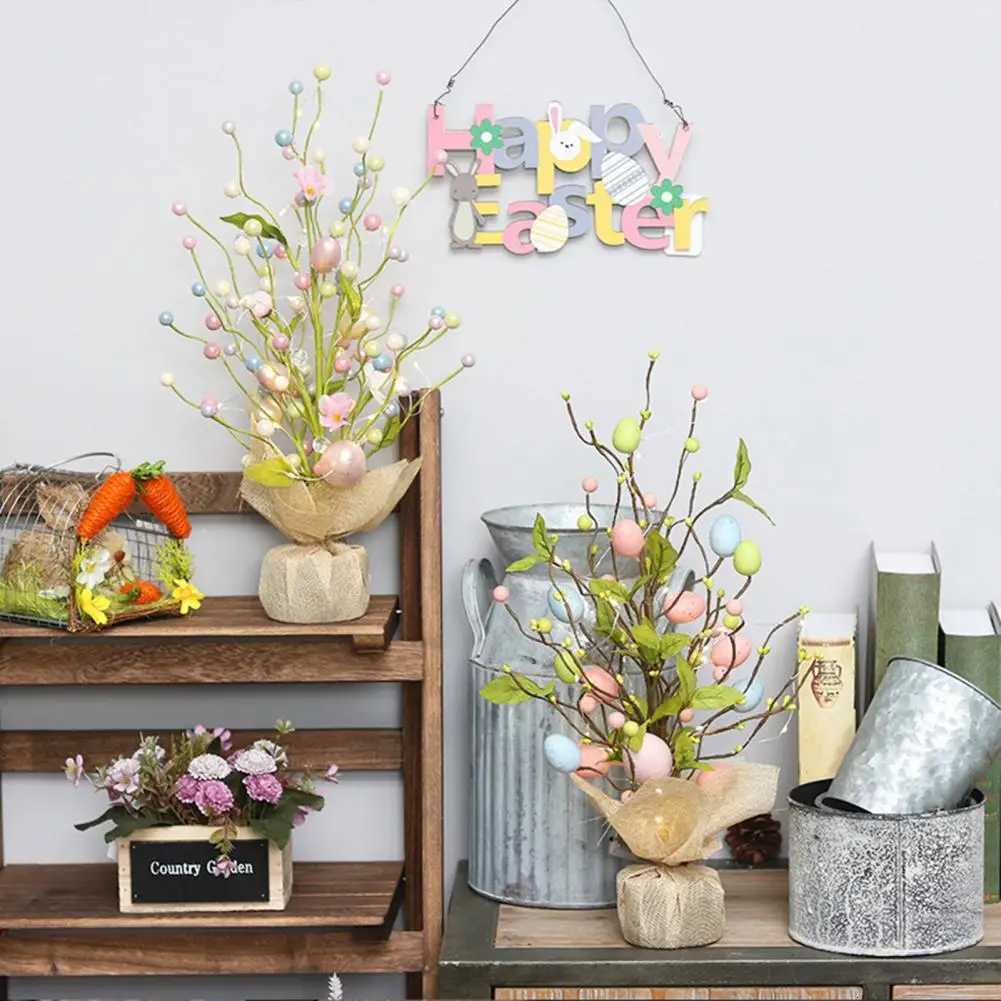 Pre-lit Easter Egg Tree with Burlap Base Battery Powered Easter Birch Tree with LED Light for Home Table Spring Party Decoration H260316