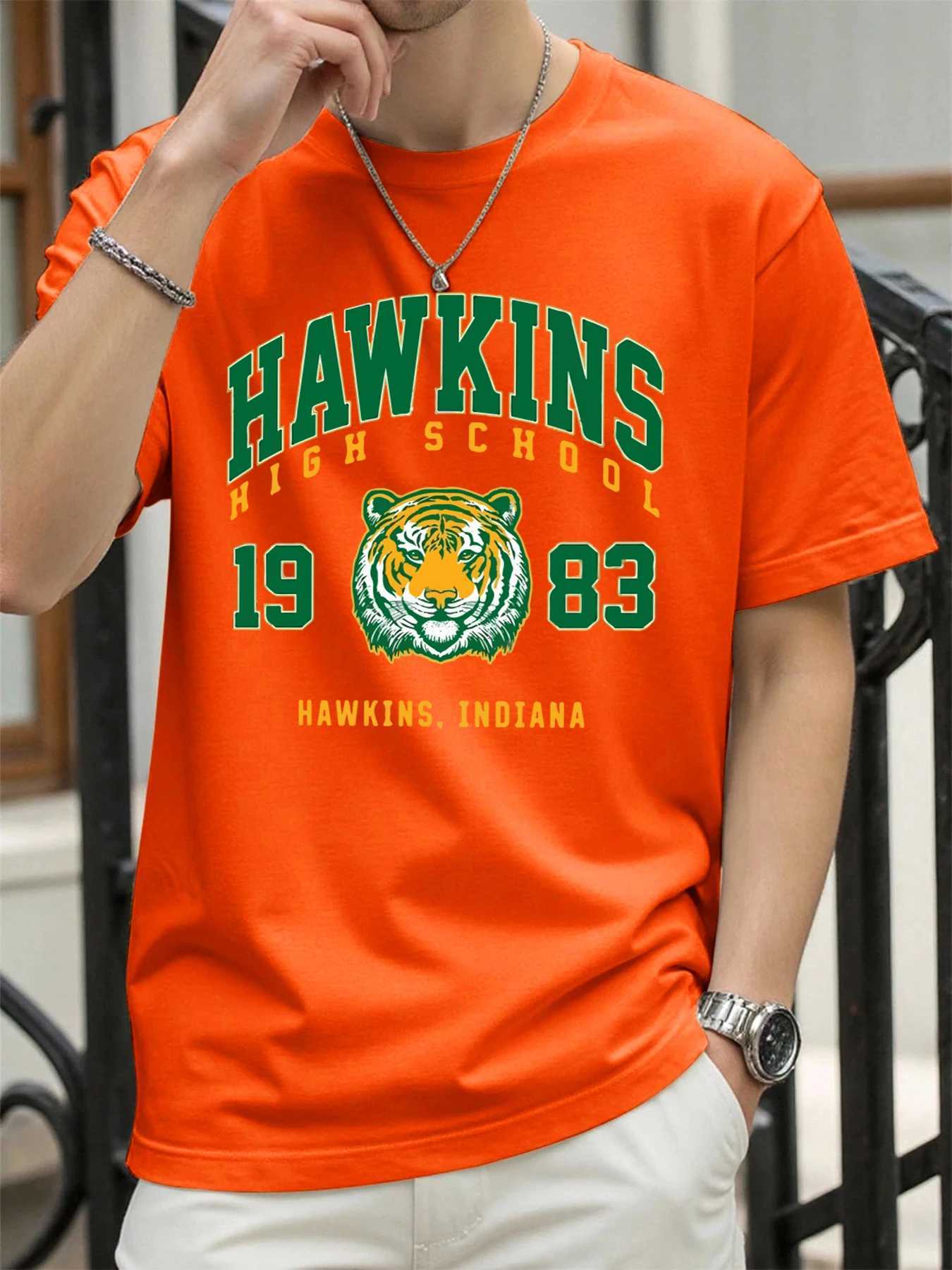 Hawkins 1983 Mighty Tiger Prints Mans T Shirts All-Match Cotton T-Shirt Loose Summer Clothing Oversized Crewneck Sportswear M260317