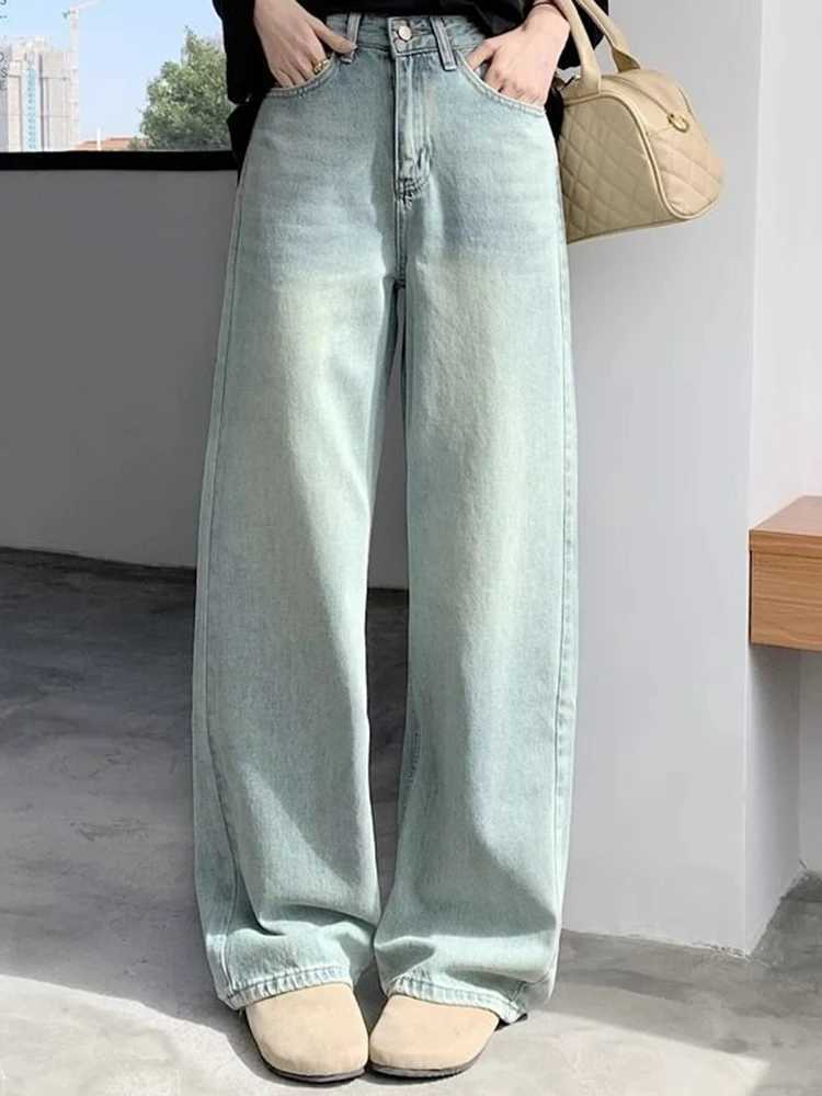Woman 2024 Spring High Waist Wide Leg Trousers Female Washed Narrow Version Straight Leg Pants Fashion Light Blue Stacked Jeans M260317