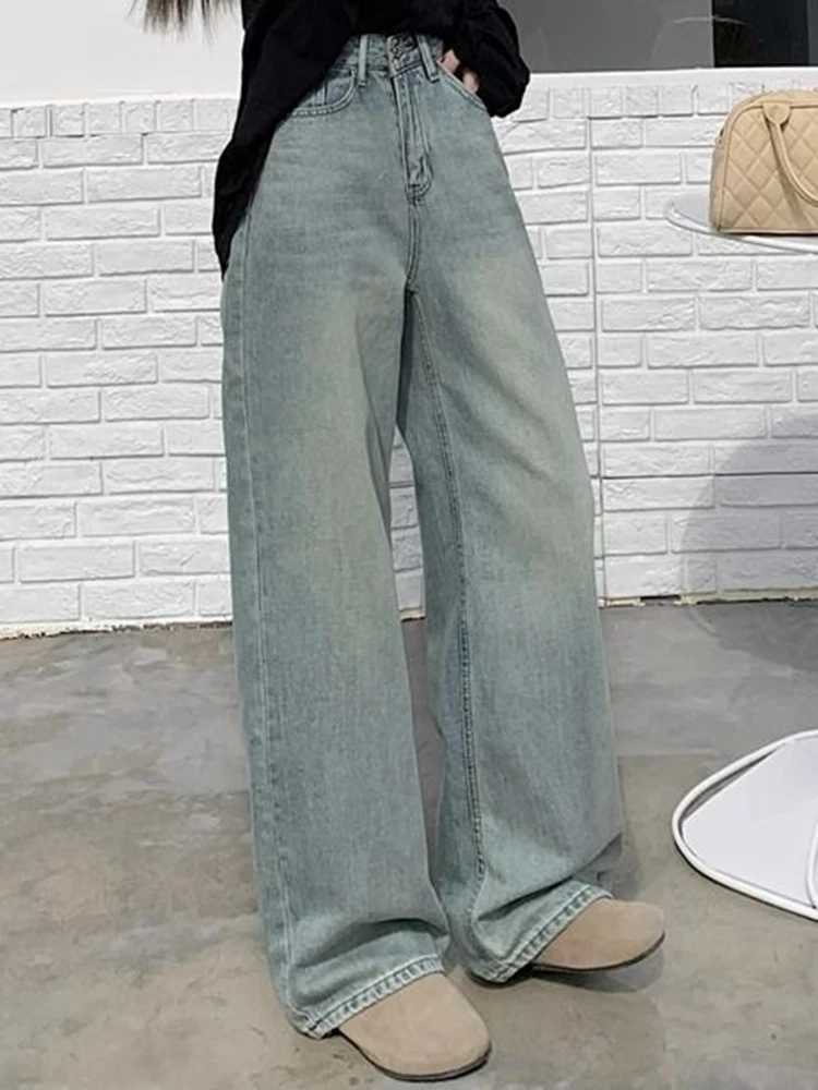 Woman 2024 Spring High Waist Wide Leg Trousers Female Washed Narrow Version Straight Leg Pants Fashion Light Blue Stacked Jeans M260317