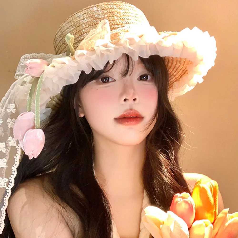 Fashion Sunscreen Lace Bow Straw Hat Flower Weave Outing in Spring Tulip Hat Wide Brim Boho Summer Beach Sun Hat Beachside H260317 - view 4