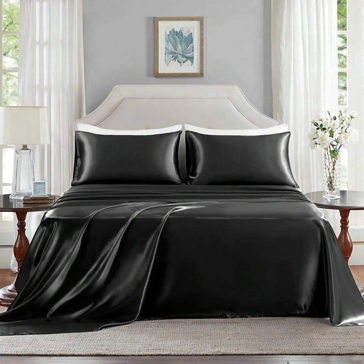 3/4Pcs Satin Sheet Se Silky Luxury Bed Set Soft Deep Pocket Sheets Cooling Bed Set 1 Fitted Sheet1 Flat Sheet1/2Pillowcase D260317