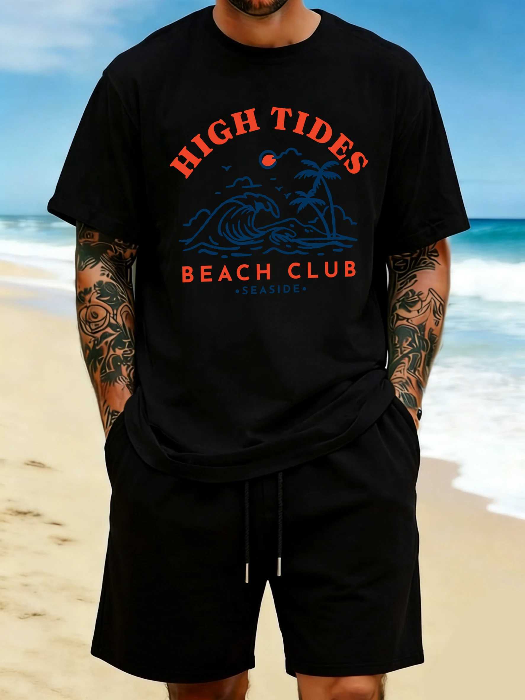 High Tides Beach Club Seaside Prints T-Shirt Men Summer Cotton T Shirts Loose Crewneck Sportswear Comfy Hip Hop Short Sleeve M260317