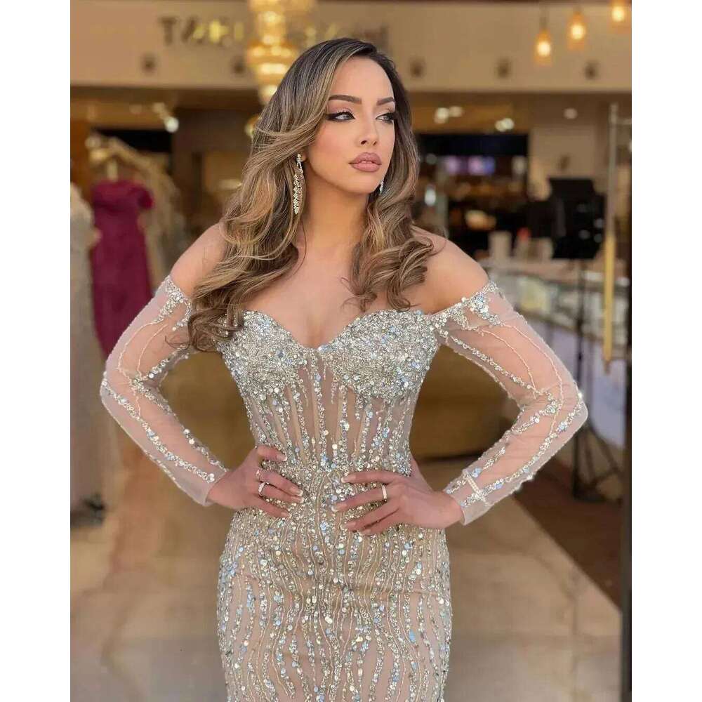 Elegant Champagne Sparkling Mermaid Evening Dubai Beaded Off Shoulder Long Sleeve Prom Party Dress Customization
