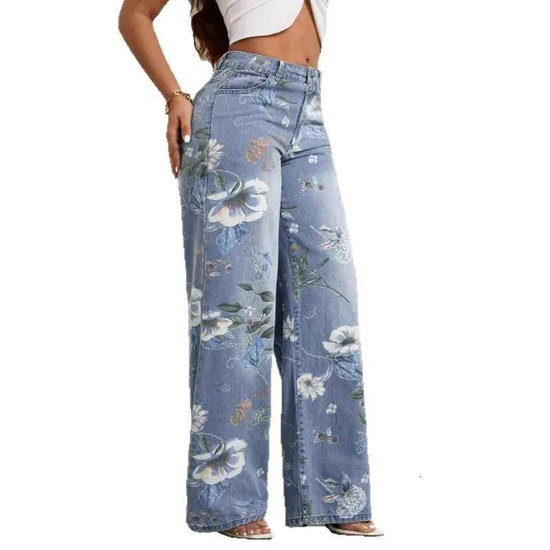Baggy Pants High Waisted Jeans Womens Gothic Style Mid-Waist Printed American Loose Versatile Design Denim JeansT260317