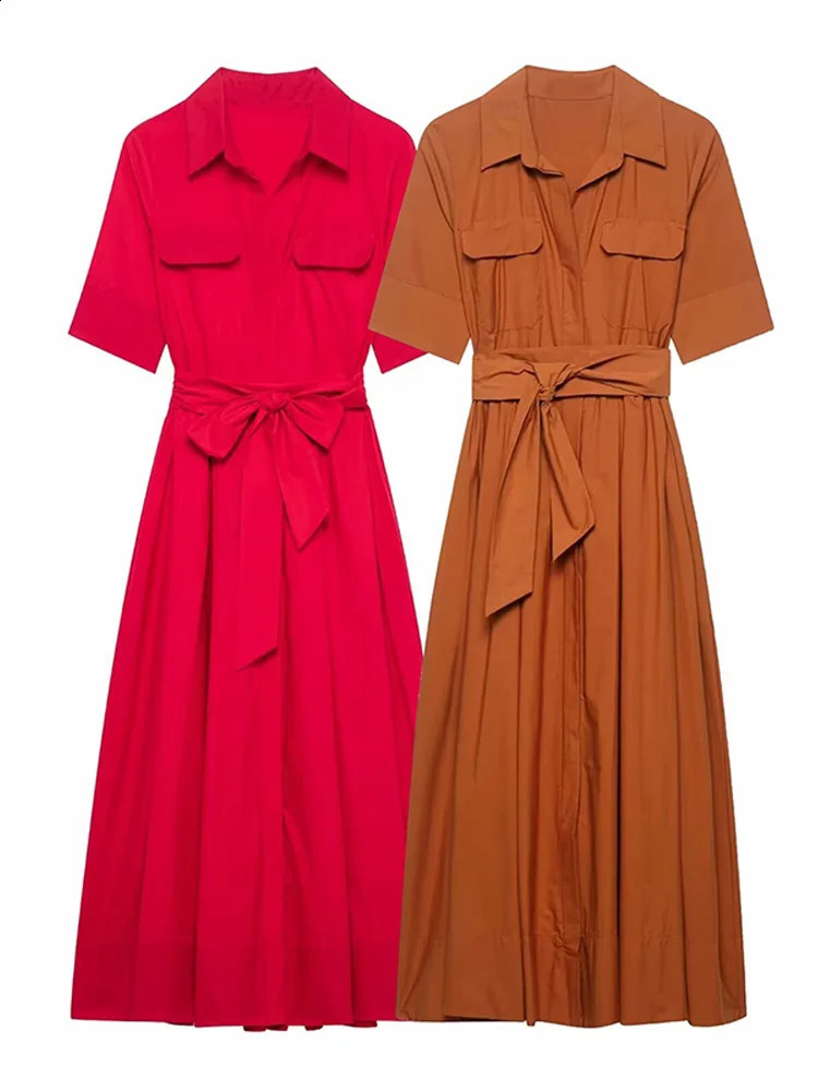 Fashion Pleated Waistband Long Dress Women Lapel Short Sleeve A-line Maxi Shirt Dresses Summer Lady Casual Street Outfit 260312 - view 7