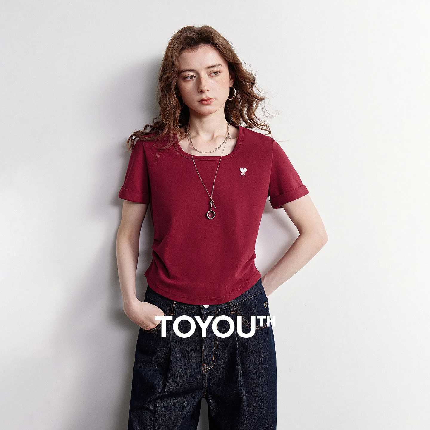 TOYOUTH Women T-shirt 2026 Summer New Breathable Bead Floor Short Fit Waist Cinched Square Neck American Top M260317