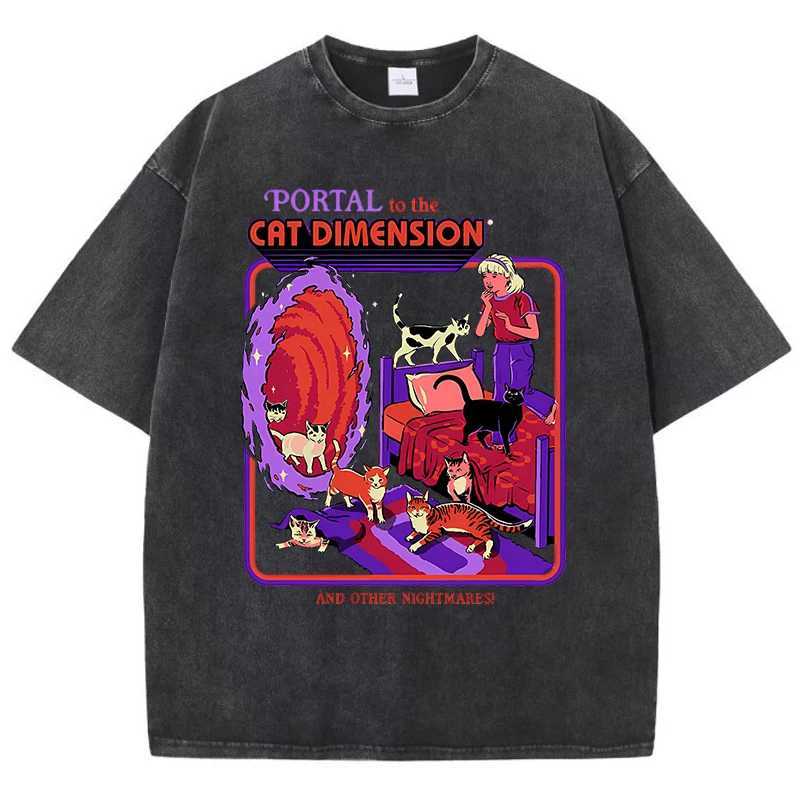 Portal To The Cat Dimension Washed Retro Men Clothes Fashion Summer T-Shirts Streetwear Cotton Loose Tops Breathable Tee Couple M260317