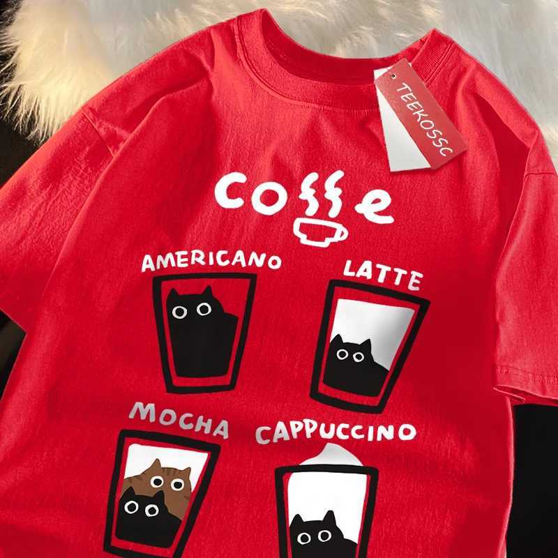 Fun Coffee Cat Japanese Style Men Women T-Shirts Oversize Tshirt Breathable Loose Short Sleeve Tee Clothes Cotton Streetwear M260317