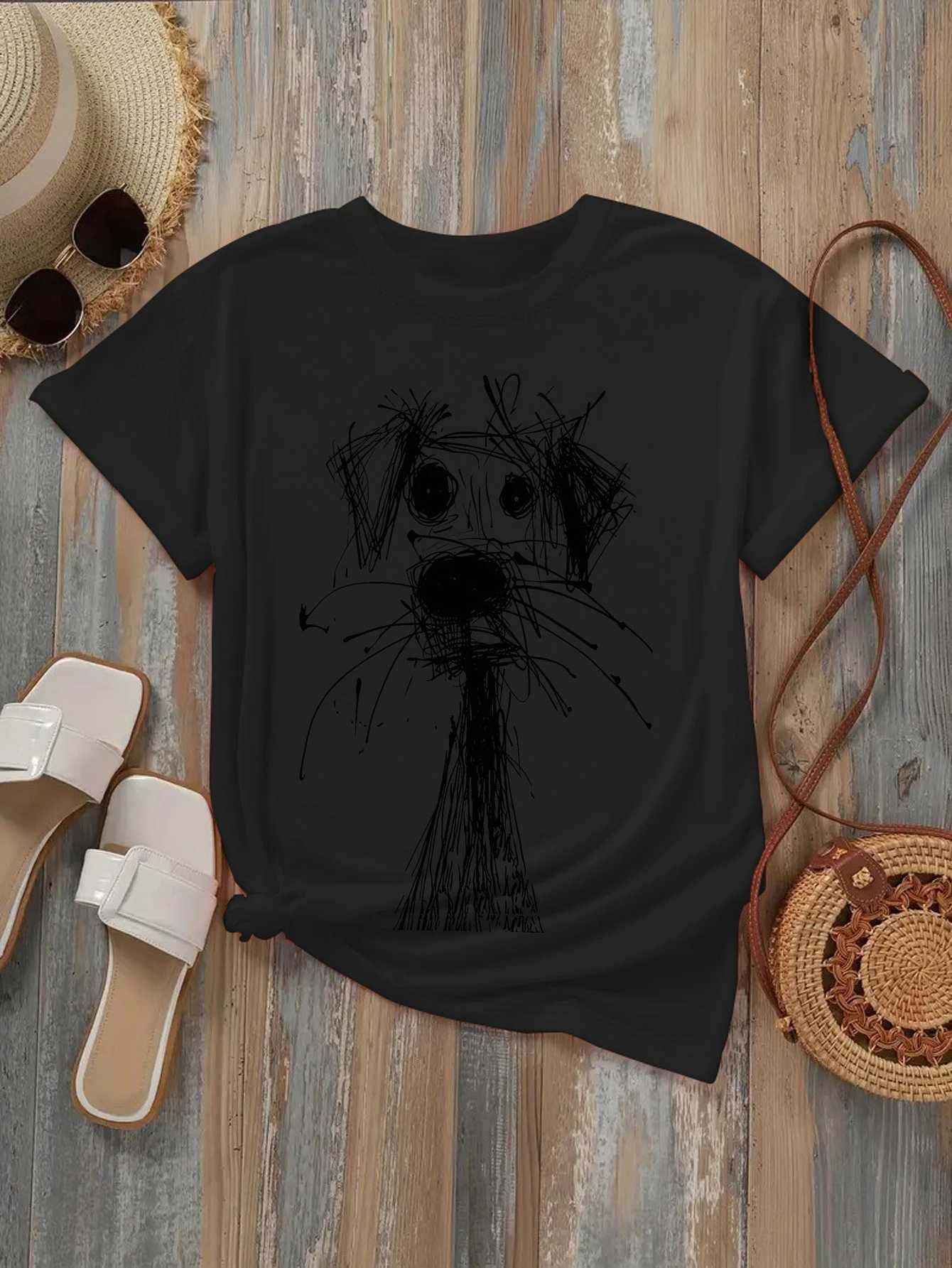 Womens Fashion Printed T-Shirt with Fun Dog Sketch Design Soft Round Neck Short Sleeve Casual Style for Daily Summer Clothing M260317