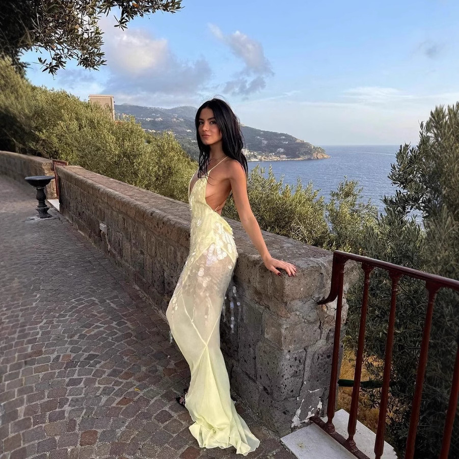 Holiday Sequin Lace See Through Long Dress Women Patchwork Sleeveless V-neck Lace Up Backless Party Dresses Yellow Robe 250604