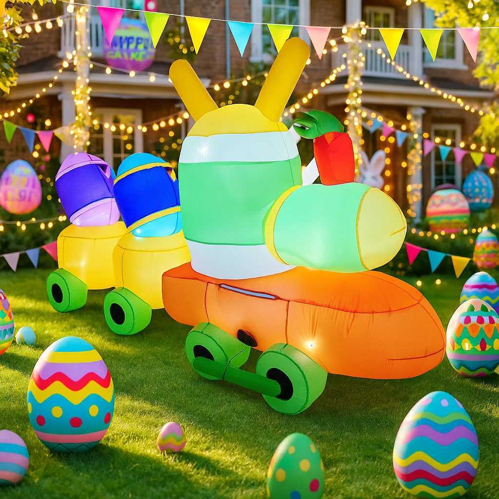 Easter Holiday DIY Inflatable Model Decor 28M/9FT Bunny Easter Egg Train Garden Yard Outdoor Ornament with LED Lights H260316
