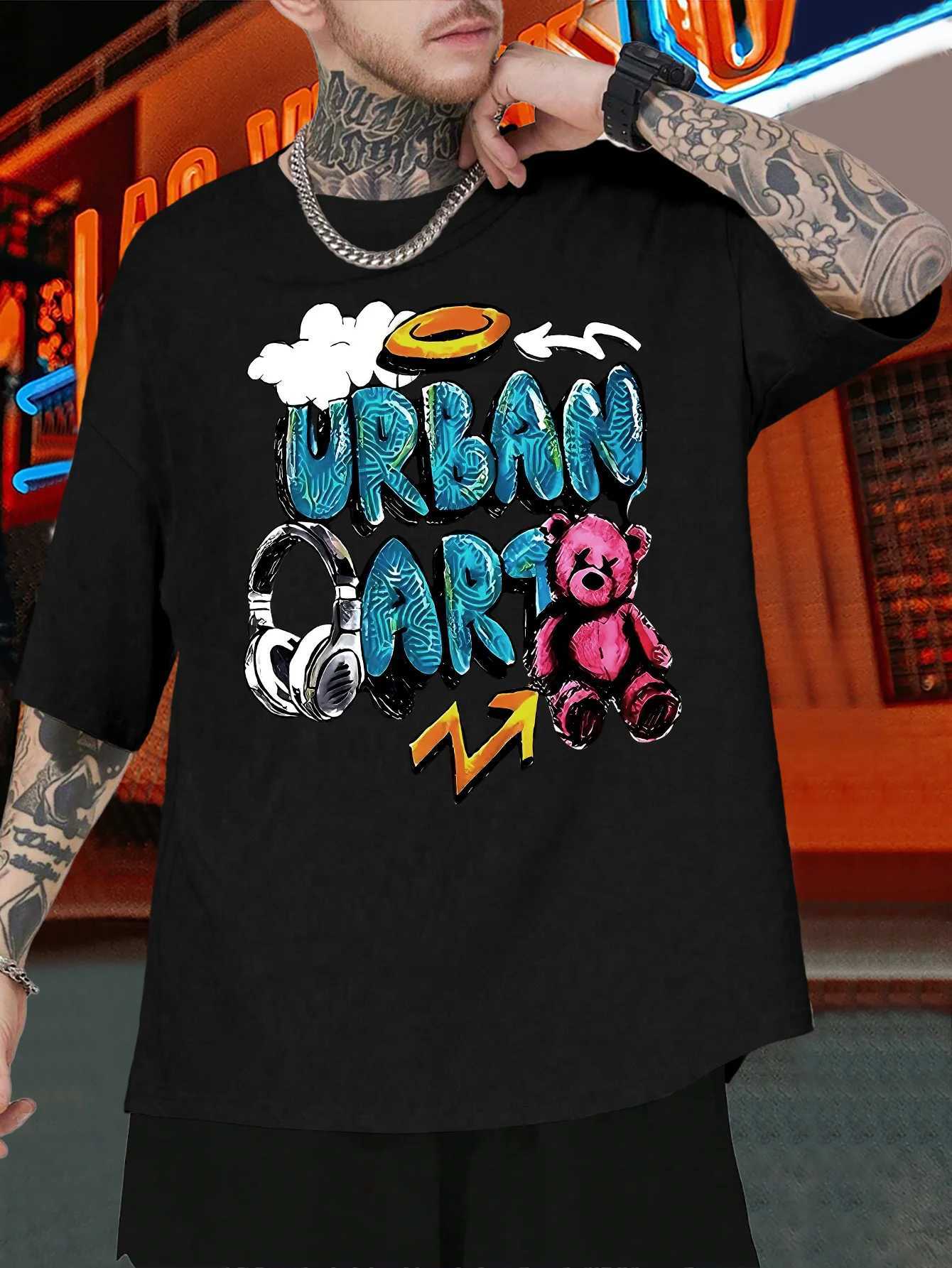 Summer Men Loose T-Shirt Street Graffiti Style Headphones Playmate Bear 100 Cotton Material Suitable for Daily Casual Wear M260317