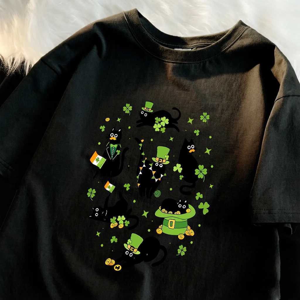 St PatrickS Day Black Cats Pattern Soft shirt Man Summer Beach Short Sleeve Comfortable Loose T-Shirt Cotton All-Match Clothes M260317