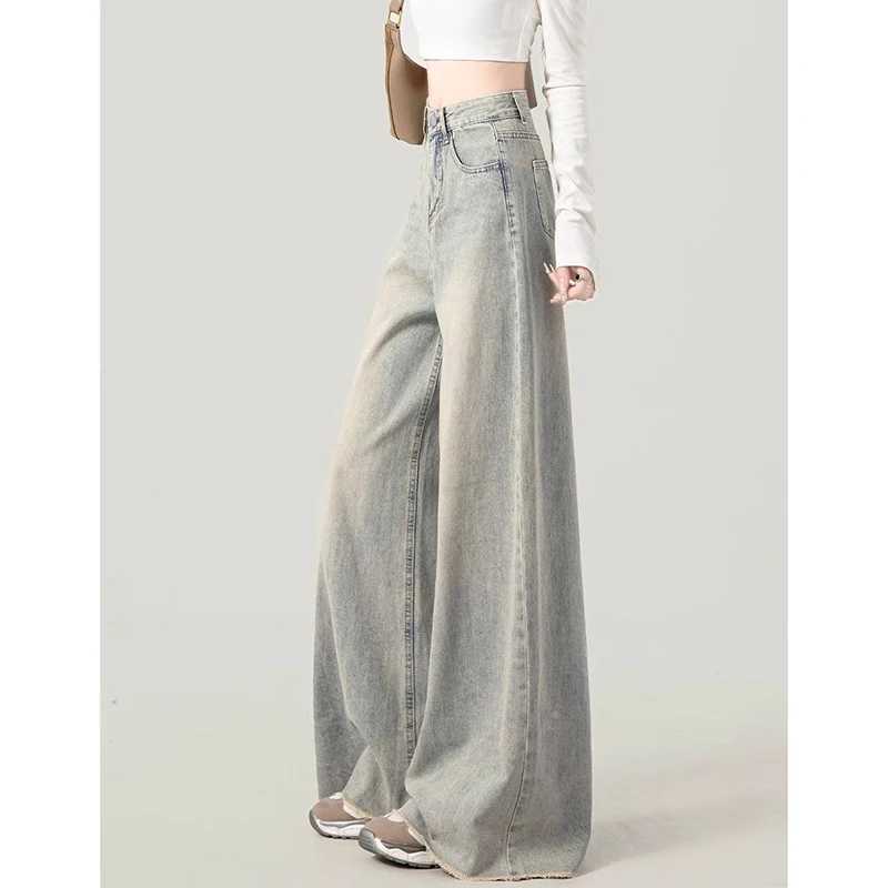 Chic Designer Lady Raw Edge High Waist Jeans Pants Women Fashion Straight Leg Denim Pants s Korean Casual Loose Trousers M260317