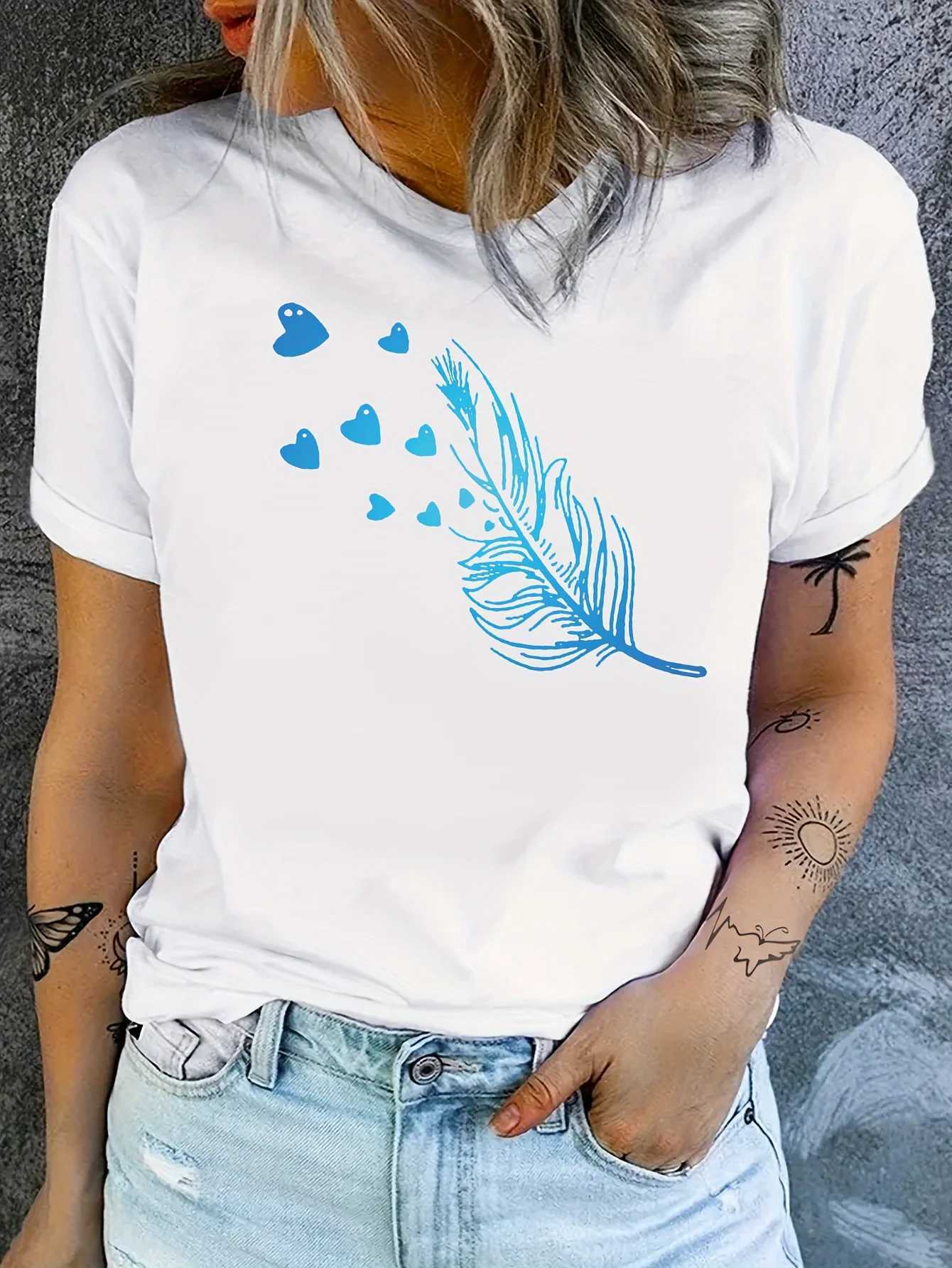 Blue Feather Hearts Womens Tee - Delicate Graphic Soft Romantic Print for Casual Daily Wear M260317