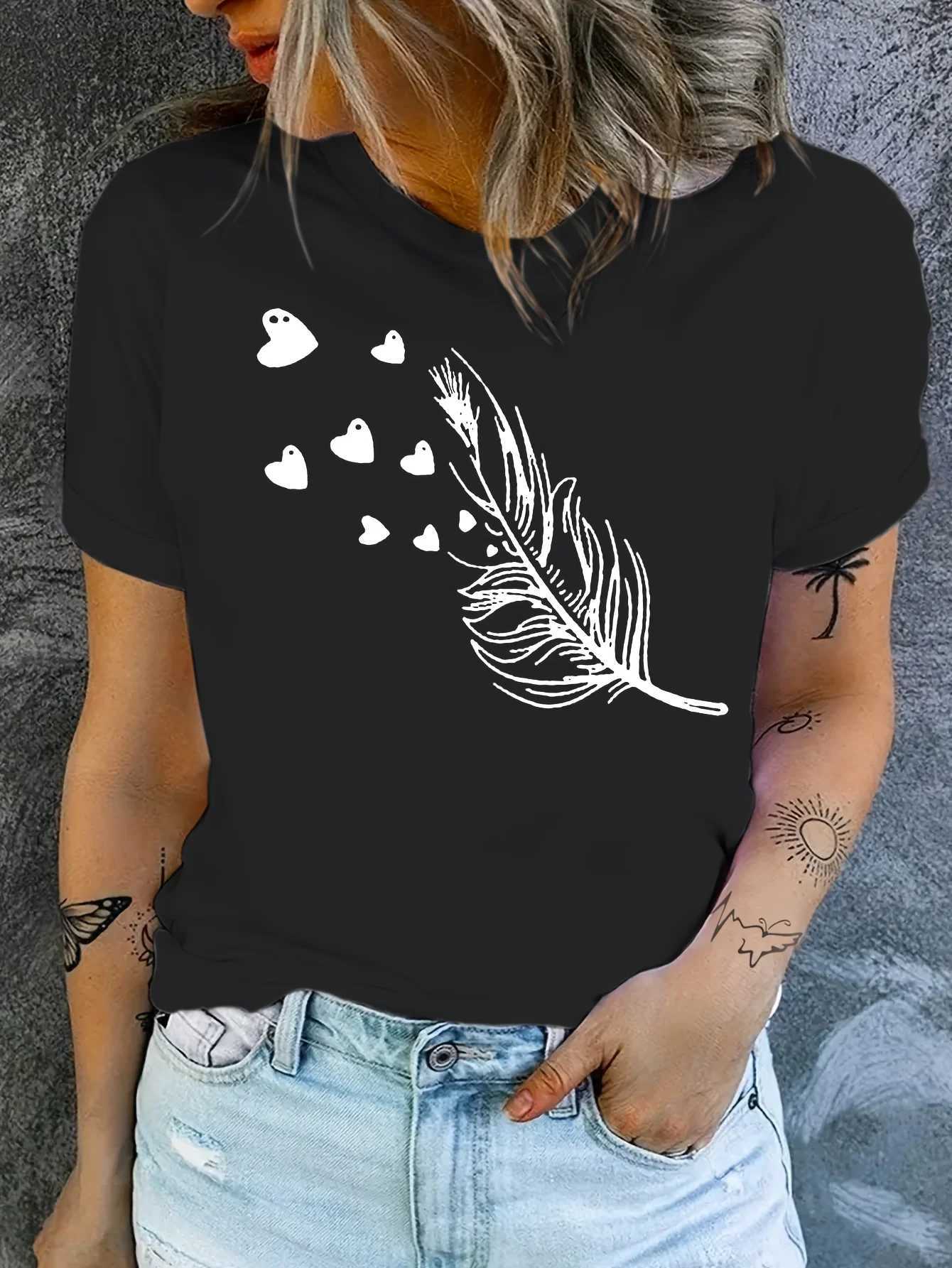 Blue Feather Hearts Womens Tee - Delicate Graphic Soft Romantic Print for Casual Daily Wear M260317