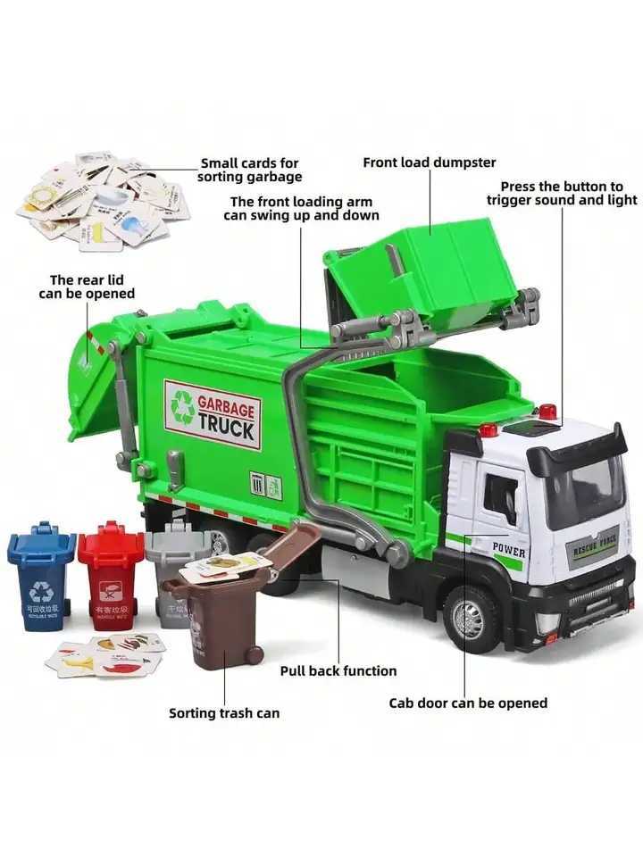 Realistic Garbage Truck Toy Set with Trash Can STEM Learning Cards 6 Years Interactive Pull-Back Vehicle for Boys Girls D260317
