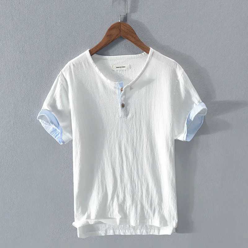 Loose Oversized Cotton Linen Short-sleeved Mens T-shirt Collar Buckled Half-open Shirt Korean Fashion Men Clothing 2020 New M260317
