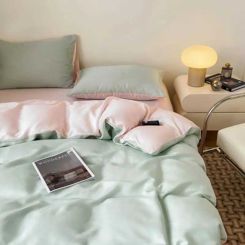 Summer Bedding Set Luxury Ice Silk Four Piece Set Washed Silk Bed Sheet and Quilt Cover Set Summer Cool Feeling Soft Smooth D260317