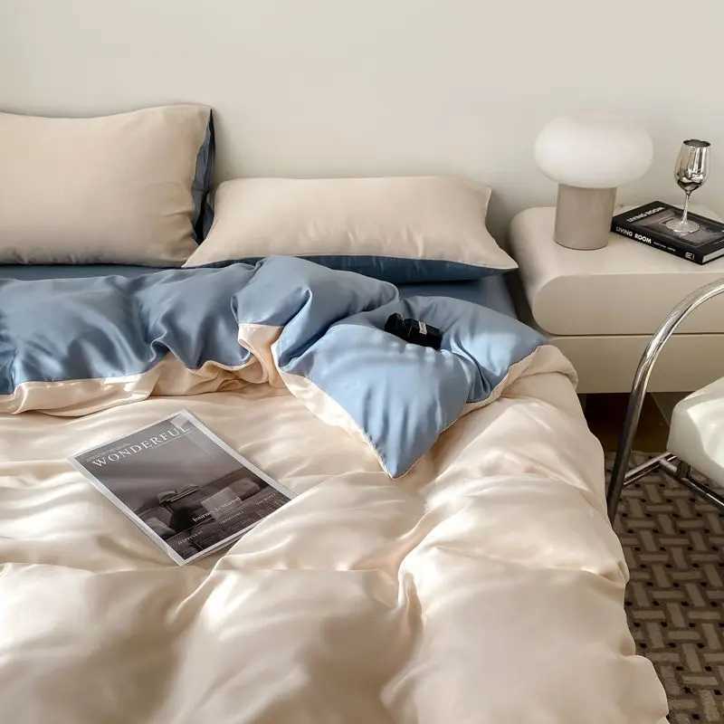 Summer Bedding Set Luxury Ice Silk Four Piece Set Washed Silk Bed Sheet and Quilt Cover Set Summer Cool Feeling Soft Smooth D260317