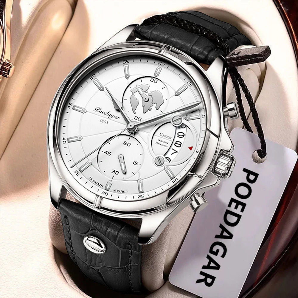 POEDAGAR Man Wristwatch Chronograph Date Waterproof Leather Men Watch Casual Quartz Mens Watches Sports Male Clock Reloj 260302