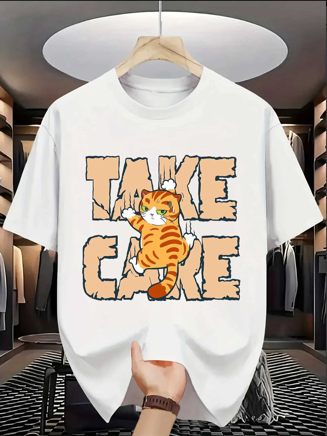 Summer Men Trendy American Street Style T-shirt Suitable Casual Outings Daily Wear Cat Pattern 100 Cotton Material Versatile M260317