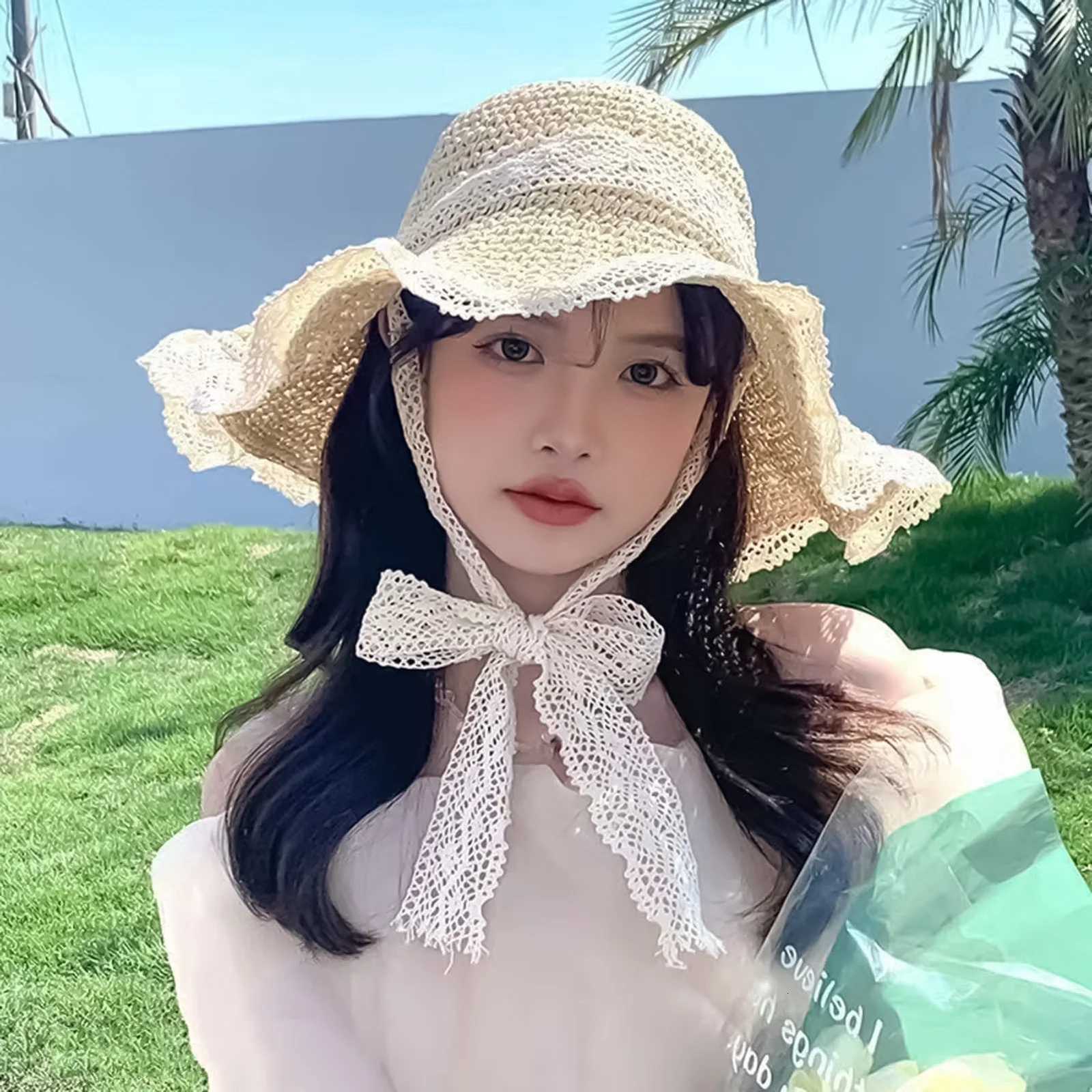 Women Summer Hat Lace Trimmed Tie-up Openwork Straw Hat Wide Brim For Sun Protections Beach Fashion Foldable Summer Accessory H260317 - view 6