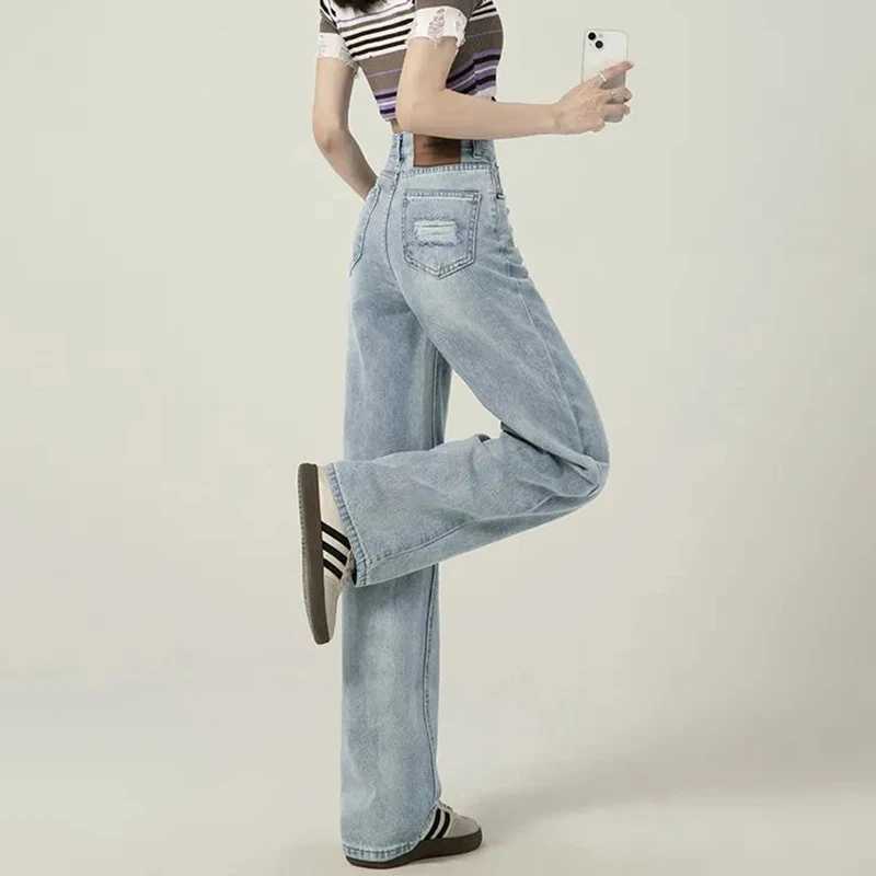 Lady Chic Ripped Baggy Jeans Women Light Blue Narrow Wide Leg Denim Pants s Casual Fashion High Waist Trousers M260317