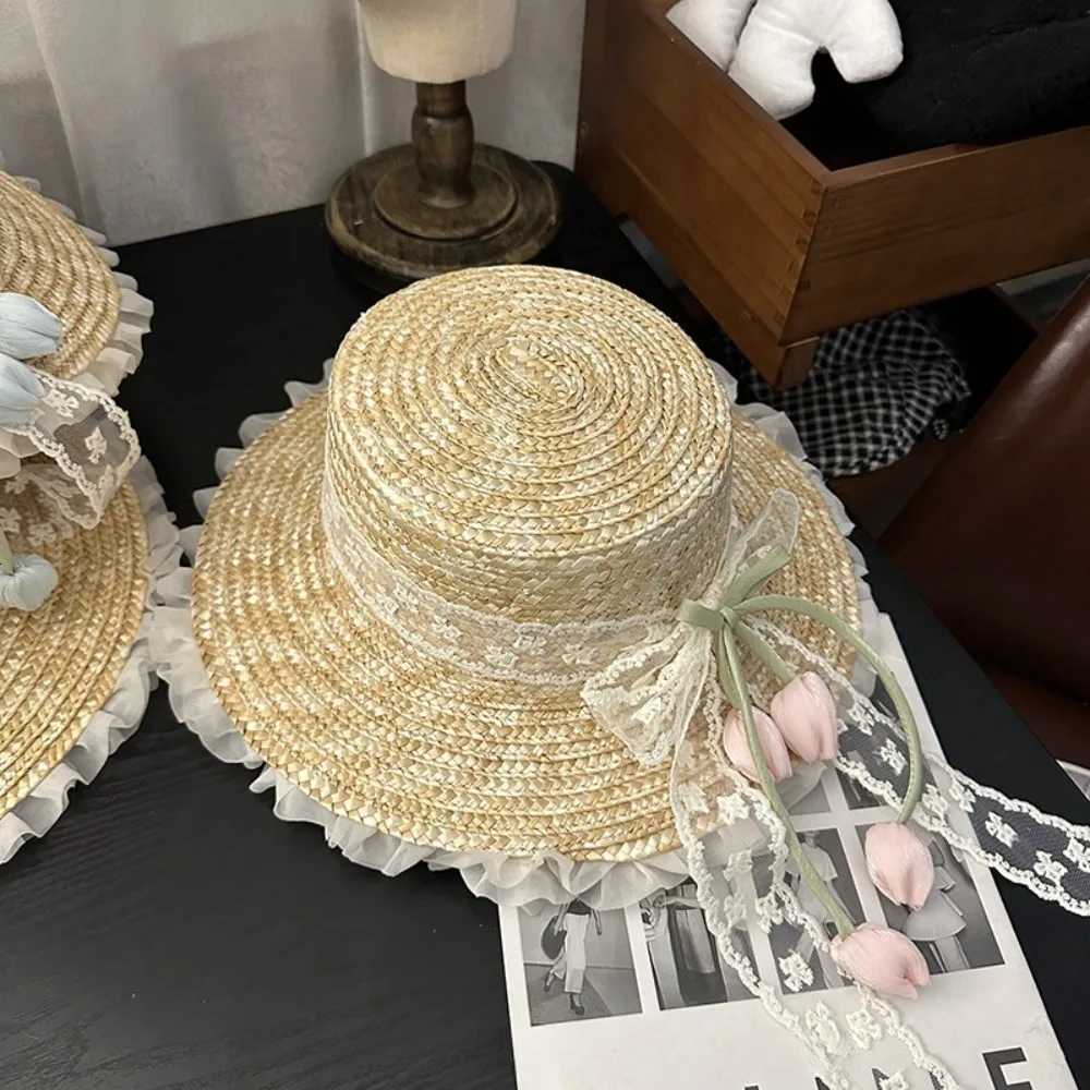 Lightweight Sunscreen Lace Bow Straw Hat Flower Wide Brim Outing in Spring Tulip Hat Boho Weave Summer Beach Sun Hat Outdoor H260317 - view 5