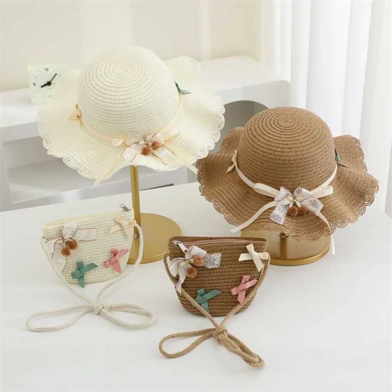Girls 2pcs Straw Hat Solid Color Outdoor Travel Sun Hat Floral Fisherman Style Childrens Fashion Accessory for Girls H260317 - view 4