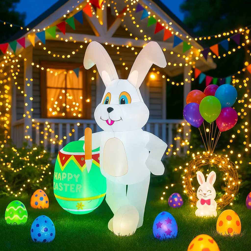 7FT Easter Outdoor Inflatable Rabbit Sit On Mushroom Built-in LED Lights Airblown Courtyard Festive Easter Inflatable H260316