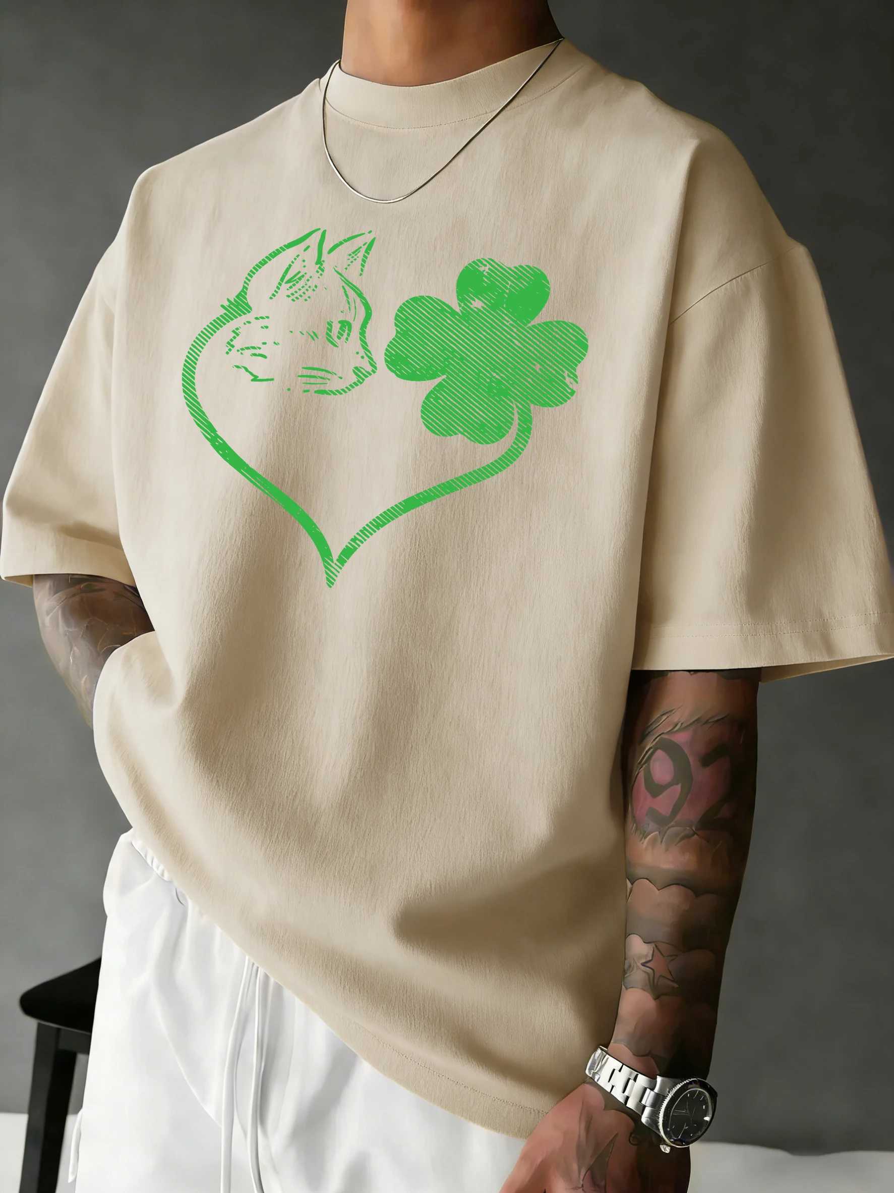 Clover Heart Catprint Basic Simple T-Shirt Man Cotton Crewneck T Shirts Summer Oversized Clothes Breathable Sport Short Sleeve M260317