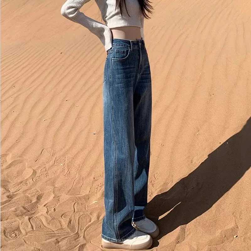 Woman High Waist Fashion Streetwear Baggy Jeans Female Vintage Wide Leg Pants Lady Trashy Retro Blue Gray Denim Stacked Trousers M260317