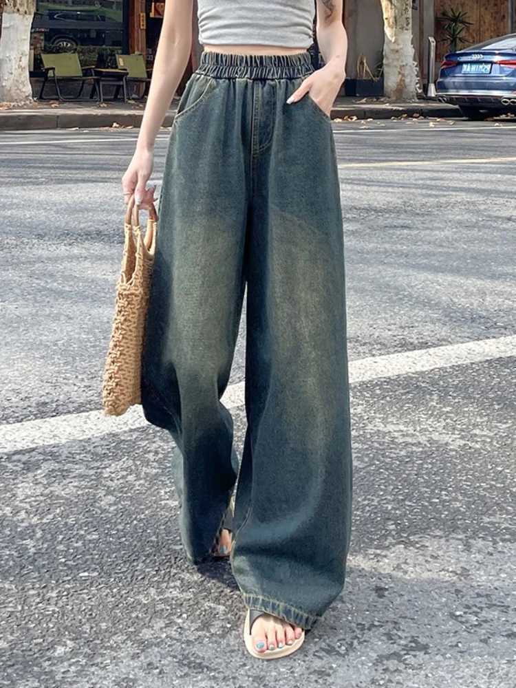 2026 Spring Summer Women Jeans Vintage Washed Spliced Elastic Waist Loose Female Tide Full-Length High Waist Wide Leg PantsT260317