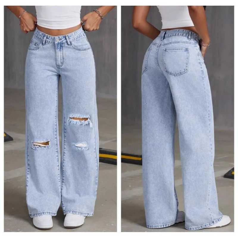 2025 New Loose Light Blue Washed Wide Leg Denim Pants Solid Color Pants Women JeansT260317