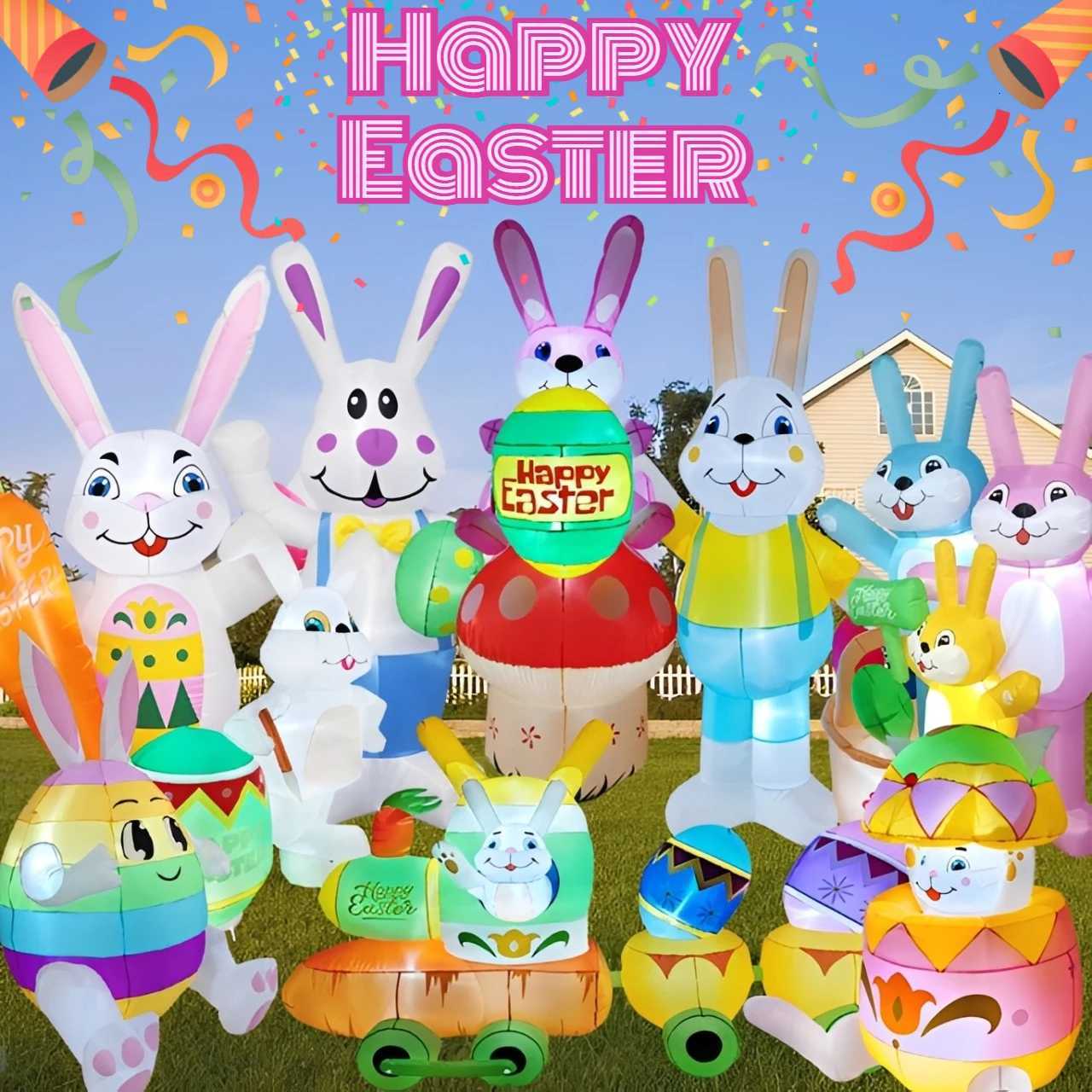 Happy Easter Outdoor Holiday Decorations Easter Egg Rabbit Decor Built-in LED Lights Inflatable Model Yard Garden Party Props H260316