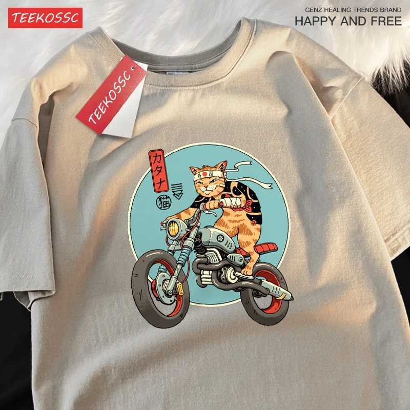 Japanese Harajuku Motorcycle Cat Tops Man Casual Oversize T Shirt Cotton Summer Casual Cartoon Crewneck Loose T Shirts Couple M260317