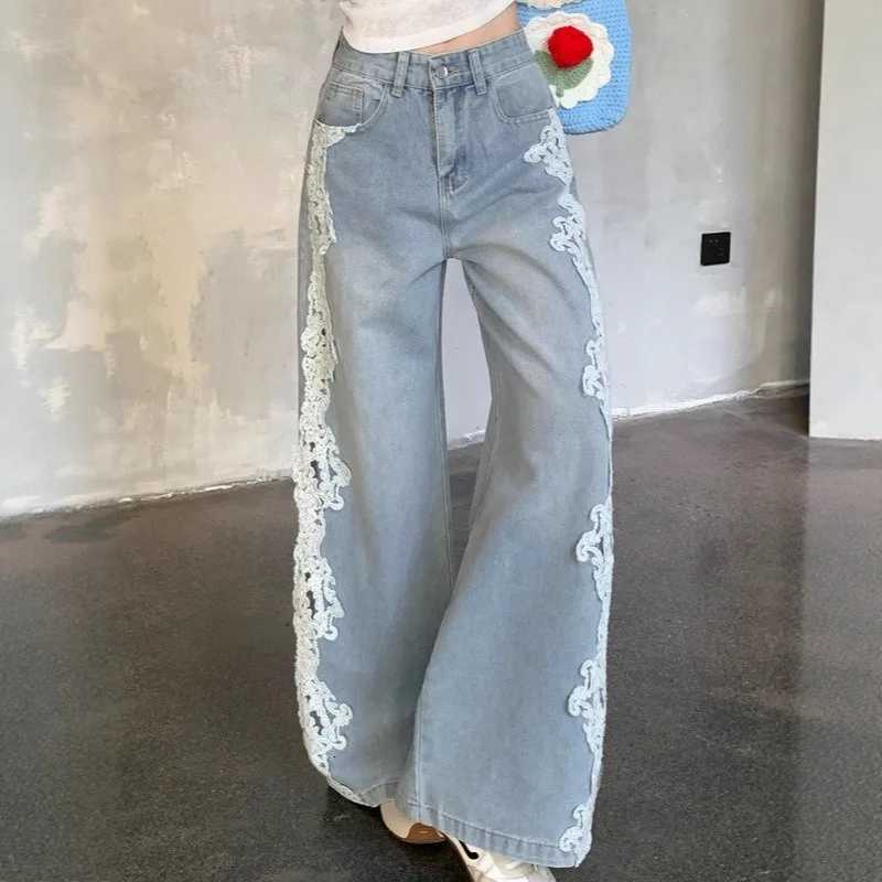 High Waist Wide Leg Jeans Womens Faion Lace Patchwork Straight Cut Denim Pants Retro Sle Four Seasons Pure ColorT260317