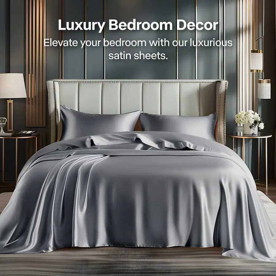 King Size Sheets Set Luxury Soft Dark Grey Satin Sheets for Hair and Skin Similar to Silk Bed Sheets Set 4 Pieces with 1 Deep D260317