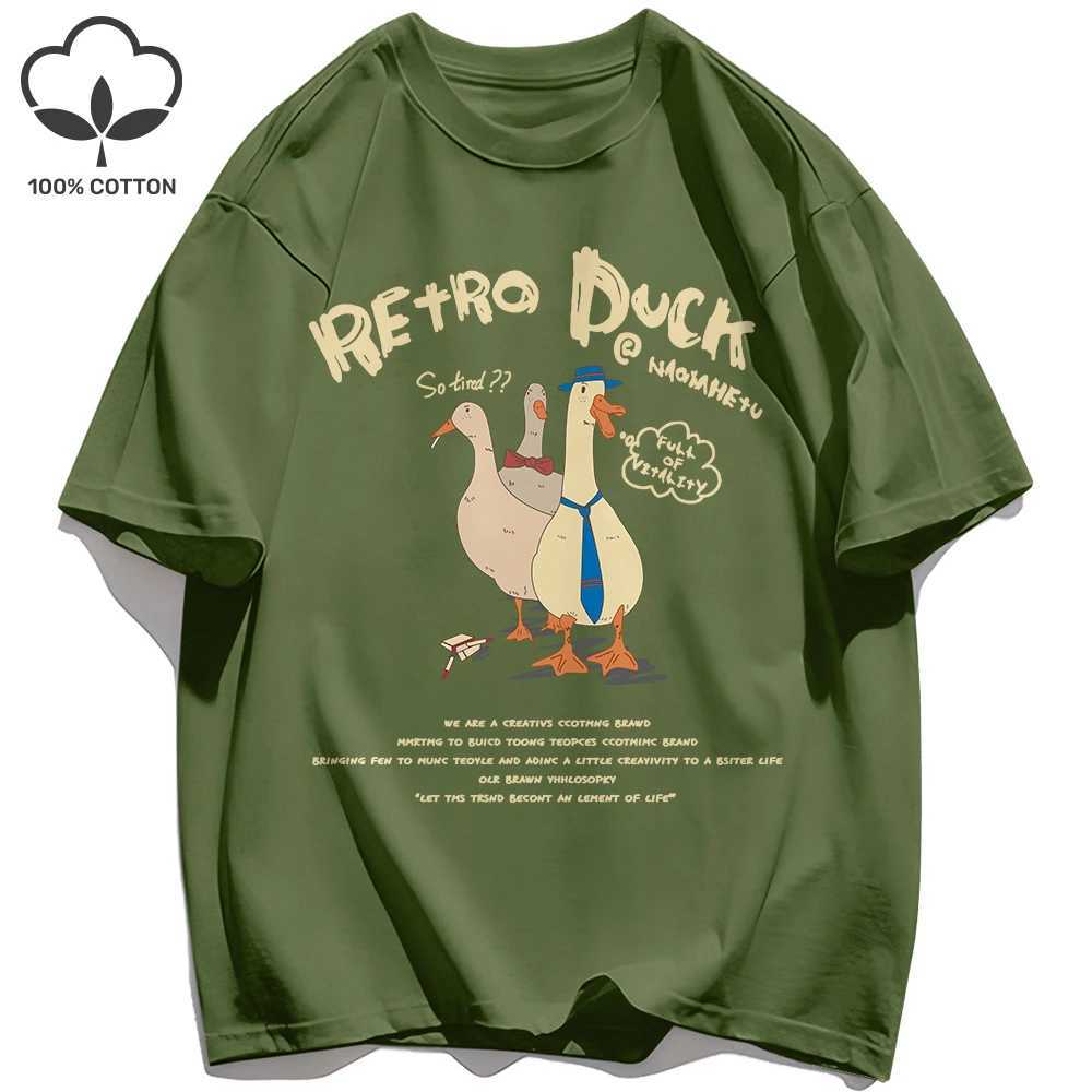 Retro Duck Print Mens T-Shirts Loose Cotton Breathable Short Sleeve Trendy All-Match Clothes Summer Soft Unisex Basics Top M260317