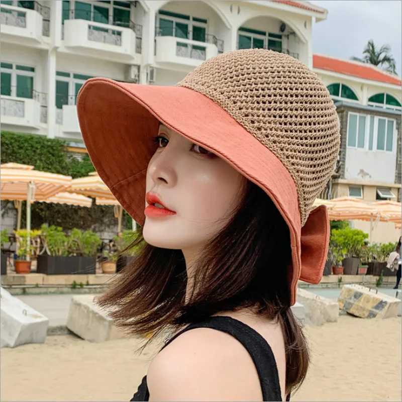 COKK Summer Hats For Women Knitted Breathable Foldable Sun Hat With Bow Sun Protection Sunshade Korean Beach Hat Cap Travel New H260317 - view 4