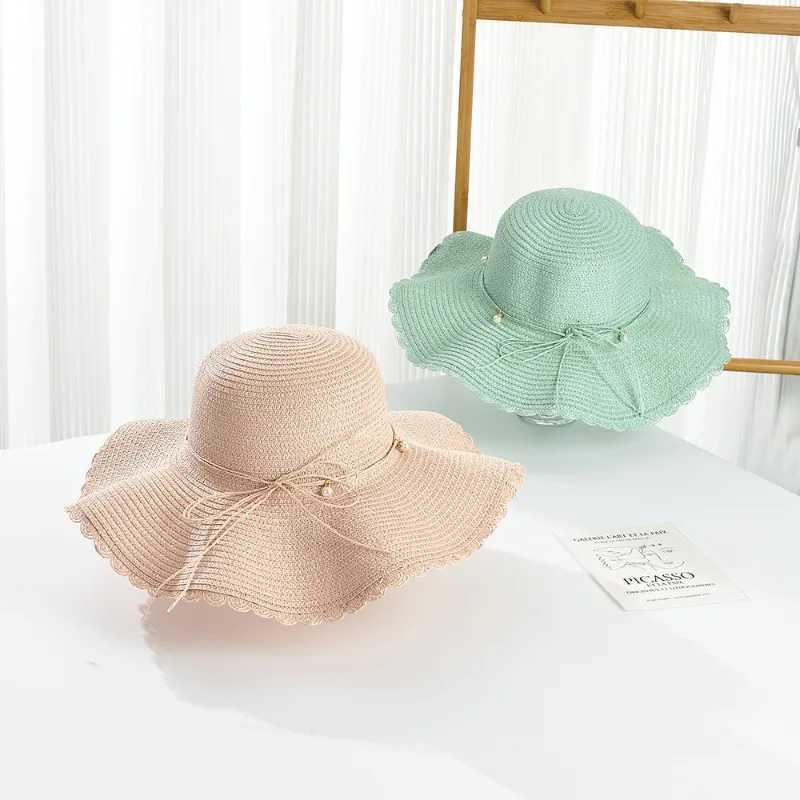 Girls Pearl Woven Straw Hat Children Sunshade Sunscreen Seaside Beach Hat Kids Outdoor Seaside Large Brim Sunscreen Straw Hats H260317 - view 6