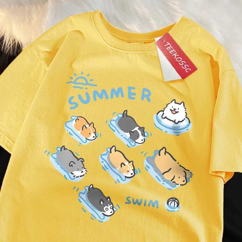 Fun Cat And Dog Swimming Japanese Style T-Shirt Female Casual Loose T-Shirts Summer Cotton Tops Fashion Breathable Tee Clothing M260317