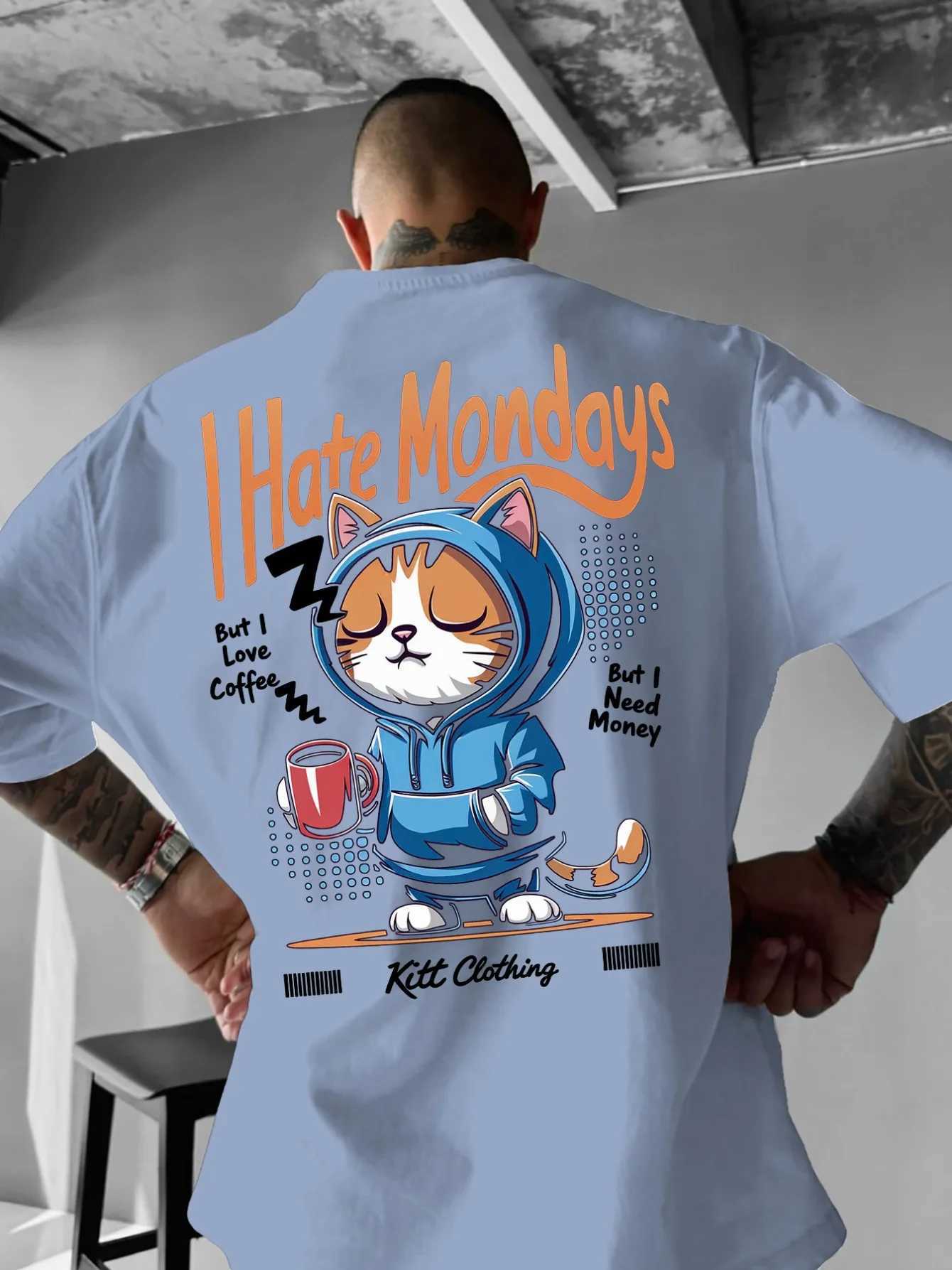 Men Summer Fun Cat Letter Pattern T-shirt 100 Pure Cotton Soft Material Trendy Fashionable Versatile and Suitable for Daily Use M260317