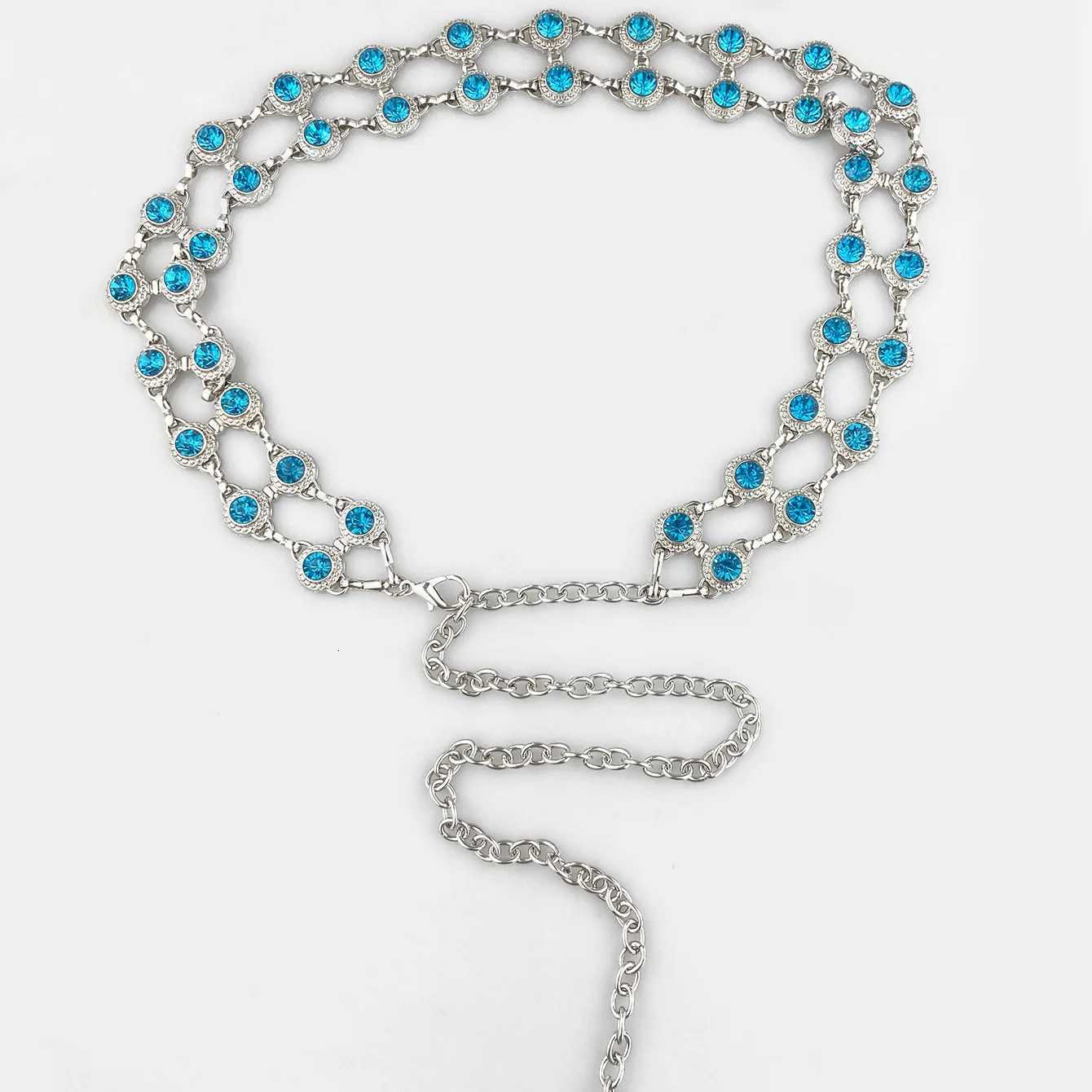 Fashion blue rhinestone waist chain luxury ethnic style silver hollow chain decorated with thin waist belt women accessories H260316 - view 3